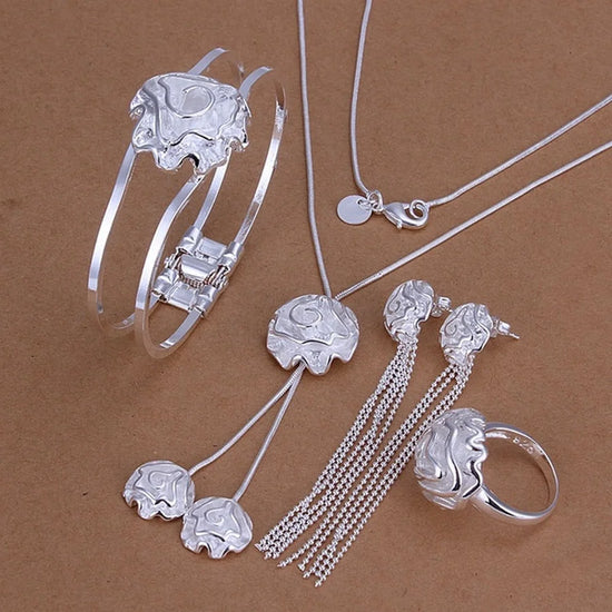 wedding 925 silver color jewelry female noble roses ring necklace bracelet bead chain Stud Earrings fashion  sets - DaHui