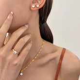 Alt Tag: 5 piece crystal jewelry set for women with gold necklace pendant, crystal stud earrings, and crystal ring close-up
