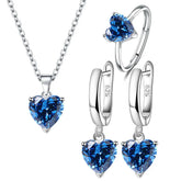 Alt Tag: heart zircon 925 silver bridal jewelry set with blue heart zircon necklace, ring and drop earrings in sterling silver