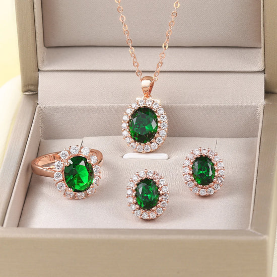 Wedding Jewelry Set For Women Rose Gold Color Created Green Austrian Crystal With 3 Pcs Ring + Necklace + Eearrings ZYS107 - DaHui