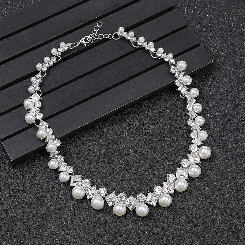 Alt Tag: pearl necklace and earrings set for women with faux pearls and crystal rhinestones, adjustable silver-tone chain clasp