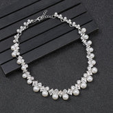 Alt Tag: pearl necklace and earrings set for women with faux pearls and crystal rhinestones, adjustable silver-tone chain clasp