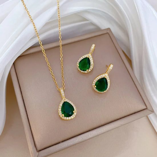 Luxury Classic Gold Color Stainless Steel Green Crystal Water Drop Pendant Necklace for Women Retro Party Collar Jewelry Gift - DaHui
