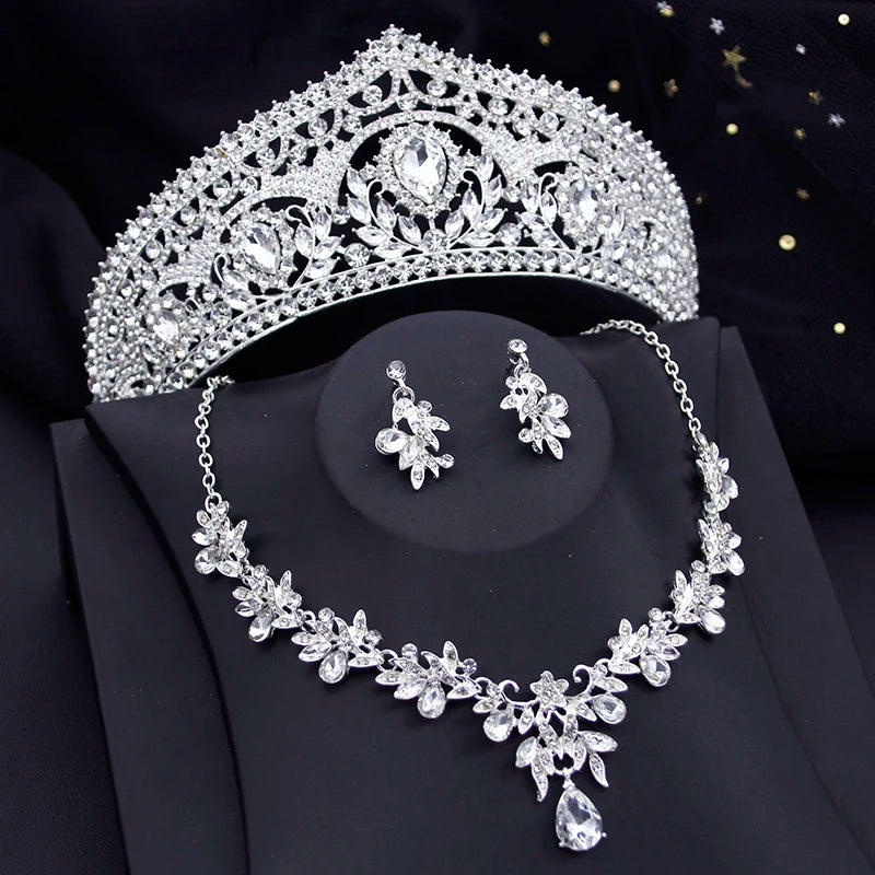 red bridal tiara necklace earrings set with crystal rhinestone crown, matching necklace and drop earrings for wedding or prom