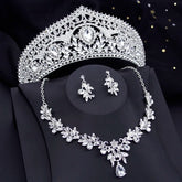 red bridal tiara necklace earrings set with crystal rhinestone crown, matching necklace and drop earrings for wedding or prom