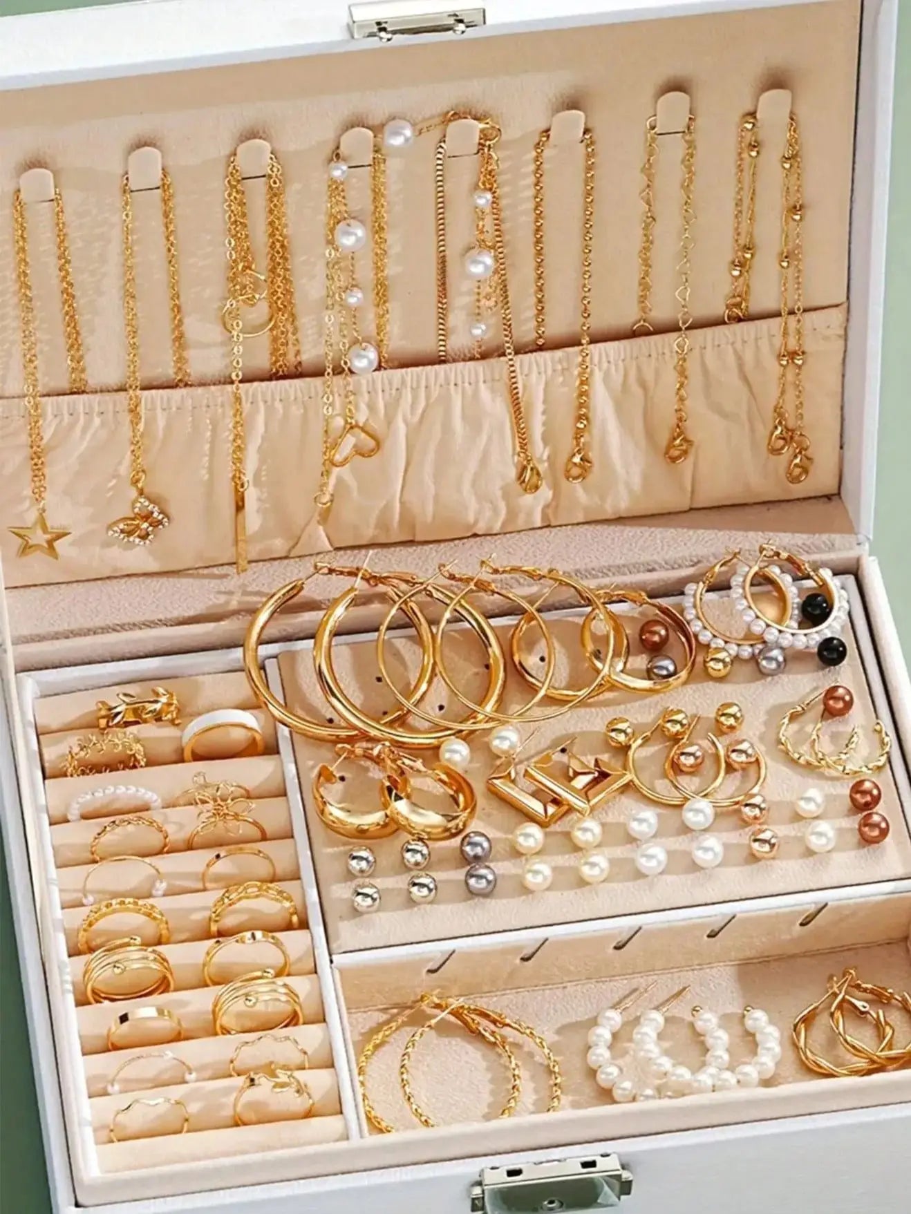 86pcs/Set Elegant Pearl Earrings Multi-Layered Necklace Ear Studs Rings 4-In-1 Jewelry Set For Women Daily Wear Gift (No Box) - DaHui