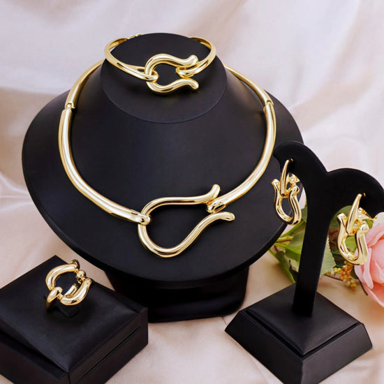 Fashion Jewelry Sets For Women Gold Color Choker Necklace Earrings Bracelets Ring Wedding Set Party Accessories - DaHui