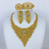 Alt Tag: 18K gold plated jewelry set for women gold necklace and matching earrings with crystal floral design on display bust