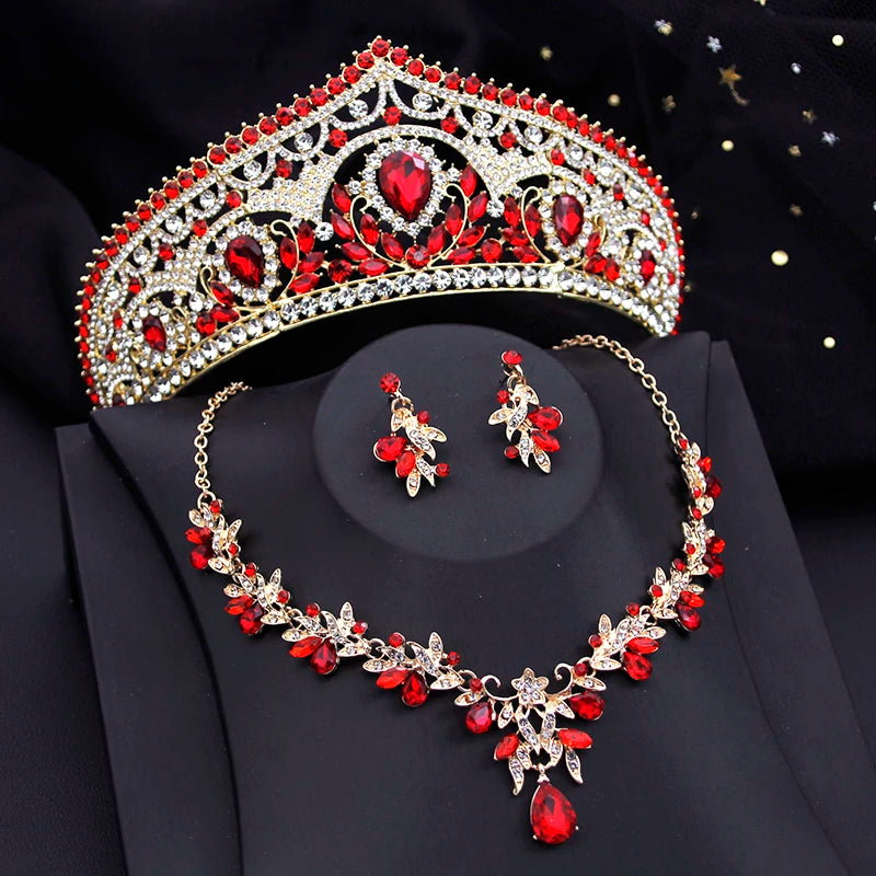 red bridal tiara necklace earrings set with red crystal rhinestone crown, matching necklace and stud earrings for wedding prom