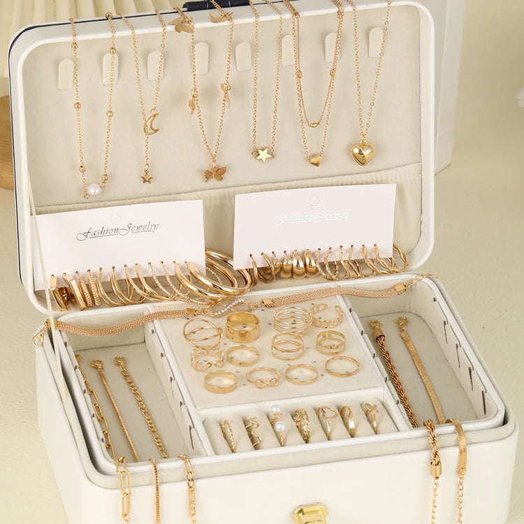 Elegant Vintage Chic Jewelry Set Including Pendant Necklaces,Twisted C-Hoop Earrings,Gold Color Rings,Bracelet ,Daily Outfits - DaHui