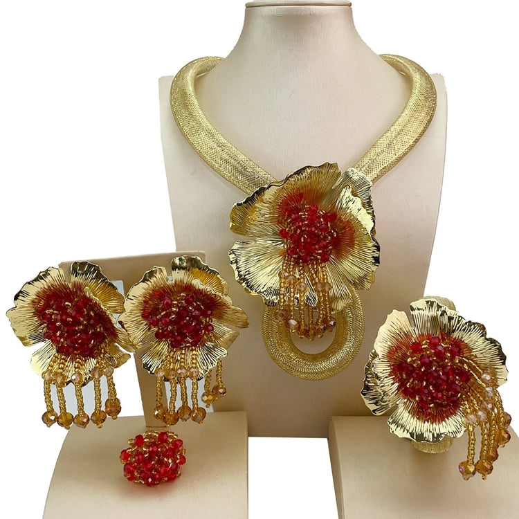 brazilian bridal jewelry set for women floral gold-tone alloy jewelry set wedding occasion necklace earrings ring bracelet