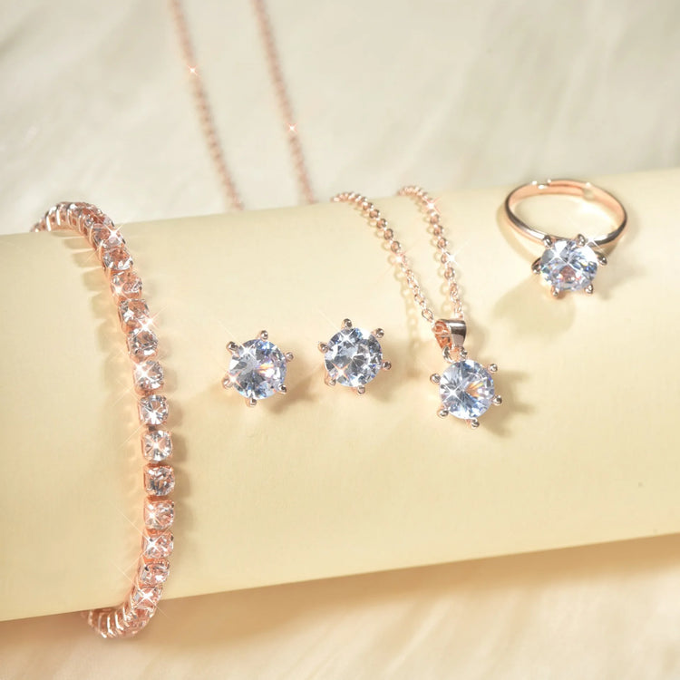 Alt Tag: 5 piece crystal jewelry set for women rose gold bracelet stud earrings necklace pendant and ring with clear crystals