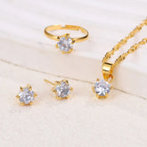 Alt Tag: 5 piece crystal jewelry set for women with gold-tone ring, pendant necklace and crystal stud earrings