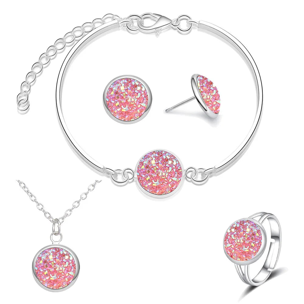 Luxury Quality Quartz Rhinestone Jewelry Sets for Women Simple Round Earrings Necklaces Set Bridal 4 Piece Silver Plated Jewelry - DaHui
