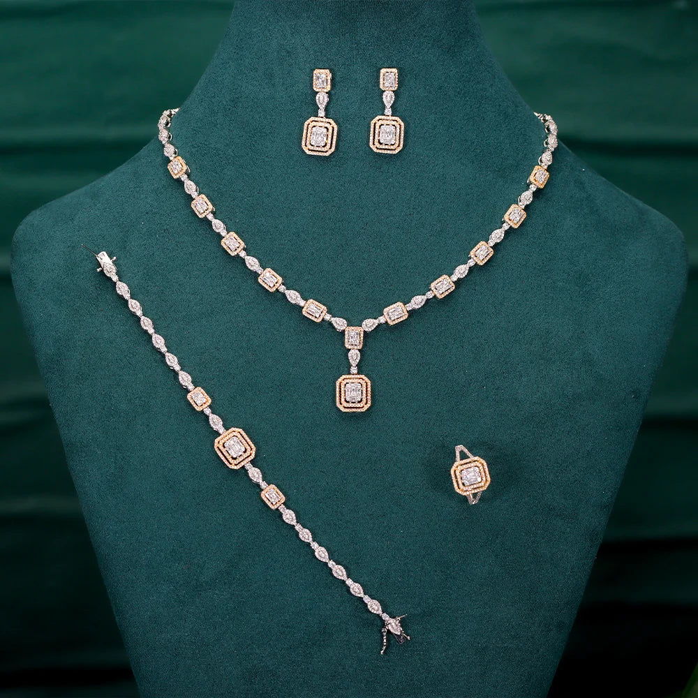 Alt Tag: rhinestone crystal bridal jewelry set with necklace, earrings, bracelet and ring on display for wedding accessories