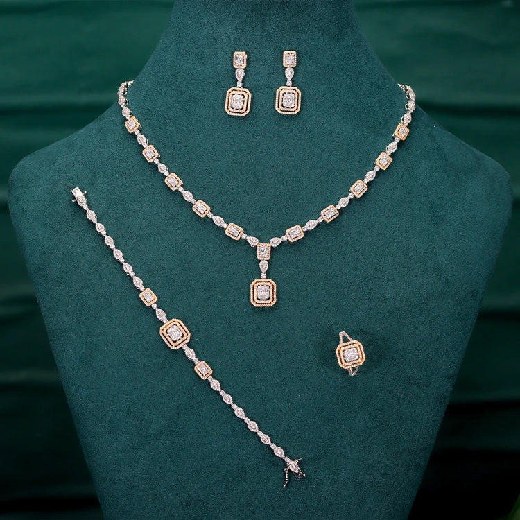 Alt Tag: rhinestone crystal bridal jewelry set with necklace, earrings, bracelet and ring on display for wedding accessories