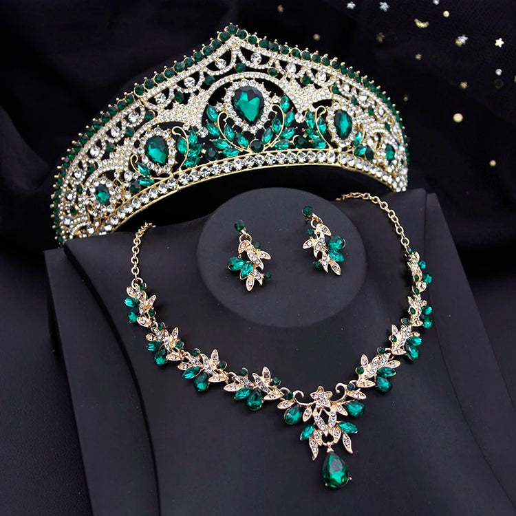 Alt Tag: red bridal tiara necklace earrings set with emerald green rhinestone crown, matching necklace and stud earrings for wedding party