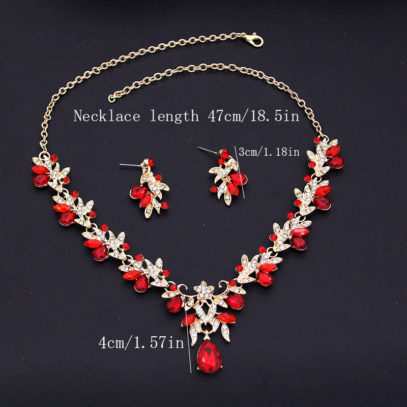 red bridal tiara necklace earrings set gold-tone necklace and matching earrings with red crystals, bridal wedding jewelry set 47cm