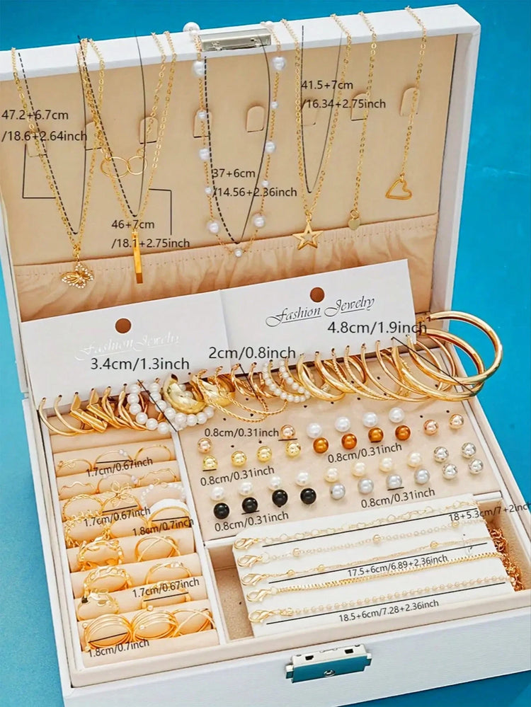 86pcs/Set Elegant Pearl Earrings Multi-Layered Necklace Ear Studs Rings 4-In-1 Jewelry Set For Women Daily Wear Gift (No Box) - DaHui