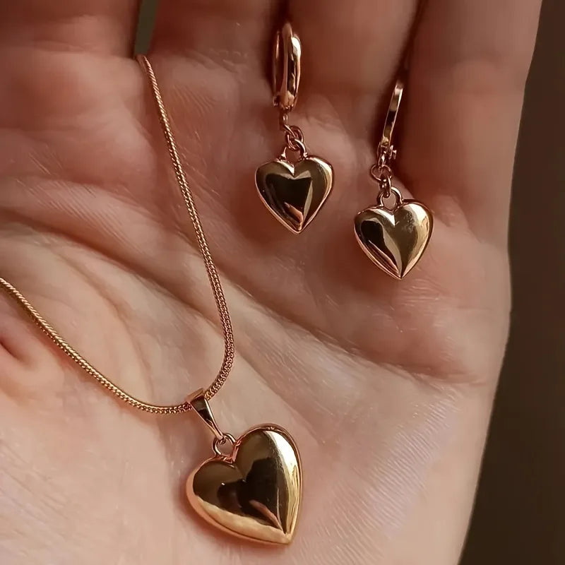 Alt Tag: gold plated heart dangle earrings necklace set with glossy love heart charms, dainty daily wear jewelry for women
