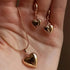 Alt Tag: gold plated heart dangle earrings necklace set with glossy love heart charms, dainty daily wear jewelry for women
