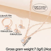 Alt Tag: 5 piece crystal jewelry set for women with necklace, ring and stud earrings, rose gold tone, size guide and 45cm chain length