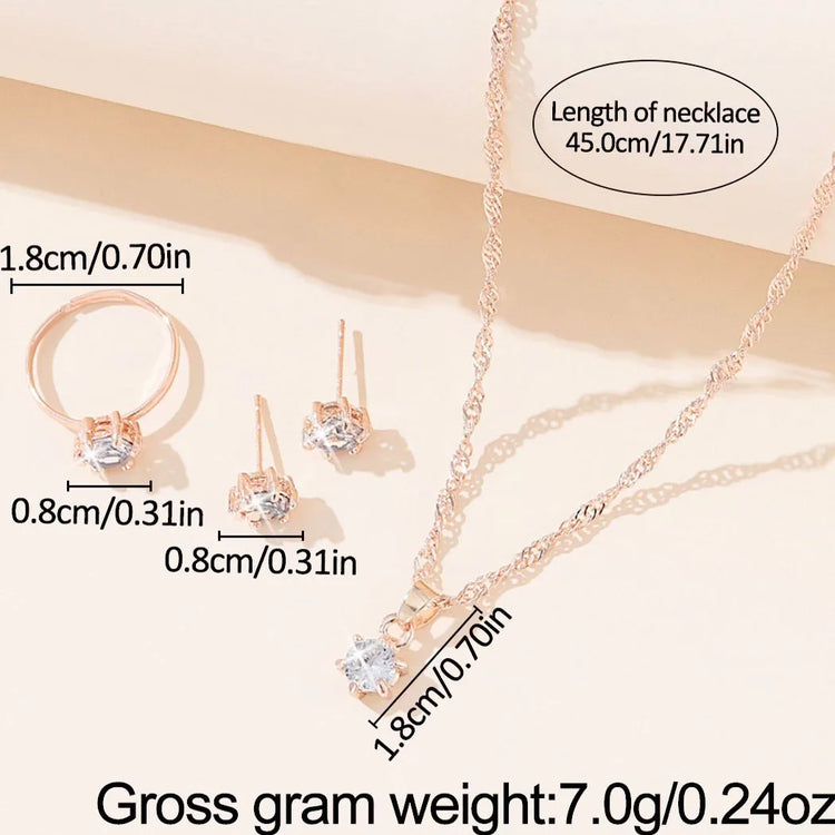 Alt Tag: 5 piece crystal jewelry set for women with necklace, ring and stud earrings, rose gold tone, size guide and 45cm chain length