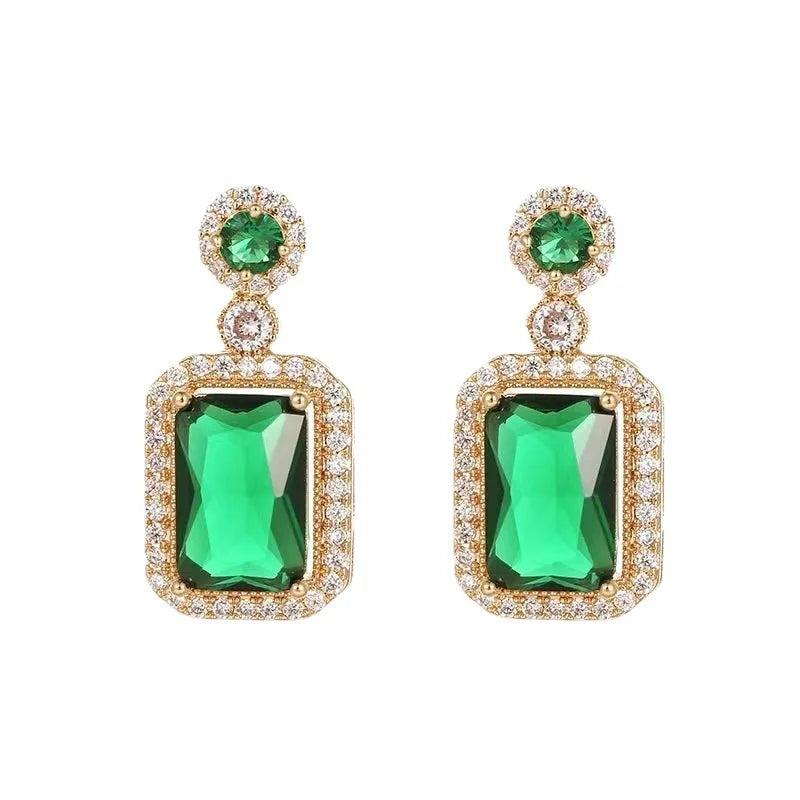 titanium steel green zircon necklace for women matching emerald green halo drop earrings with rectangular zircon and gold-tone setting