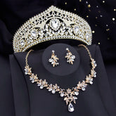 Alt Tag: red bridal tiara necklace earrings set with rhinestone crown, crystal teardrop necklace and matching earrings for wedding prom