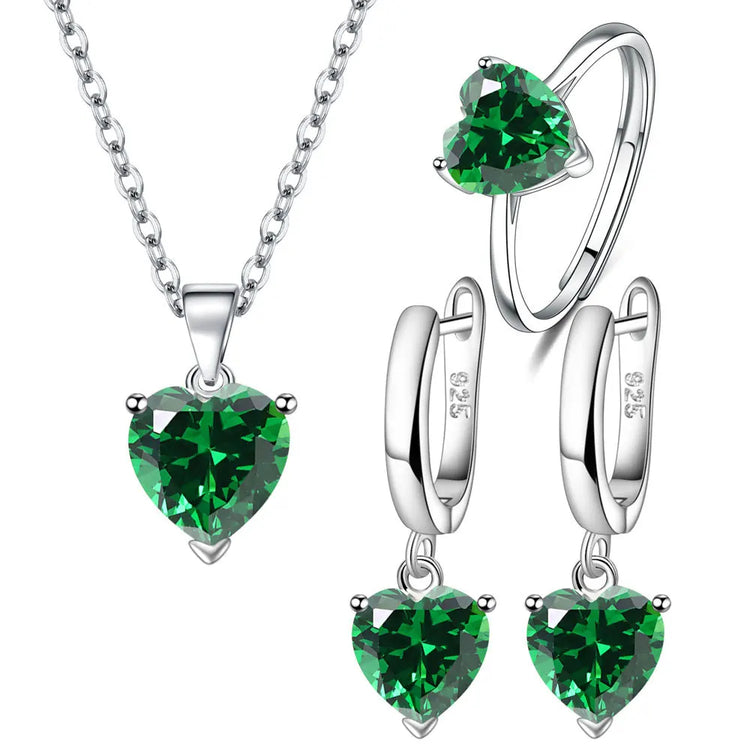 heart zircon 925 silver bridal jewelry set with green heart zircon necklace, ring and dangle earrings in sterling silver