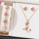 Alt Tag: heart crystal jewelry set for women gold heart pendant necklace earrings bracelet with pink crystal stones in gift box
