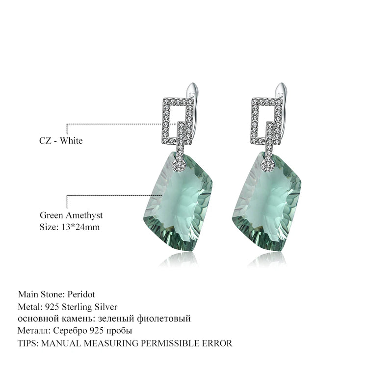 Alt Tag: 925 sterling silver jewelry set for women green amethyst drop earrings with CZ white accents, 13x24mm gemstone