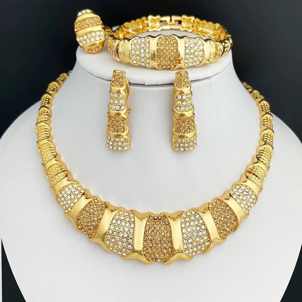 18K gold plated jewelry set for women, gold-tone zinc alloy necklace earrings ring bracelet set for party