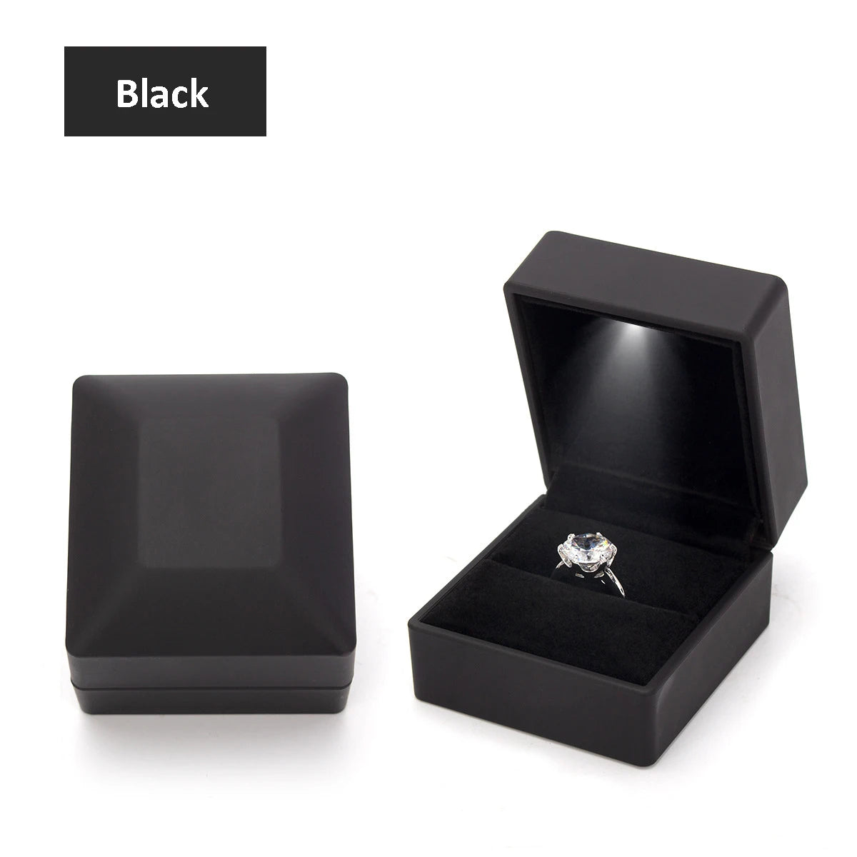 Alt Tag: Luxury black velvet LED velvet ring box with light jewelry display case for proposal engagement wedding
