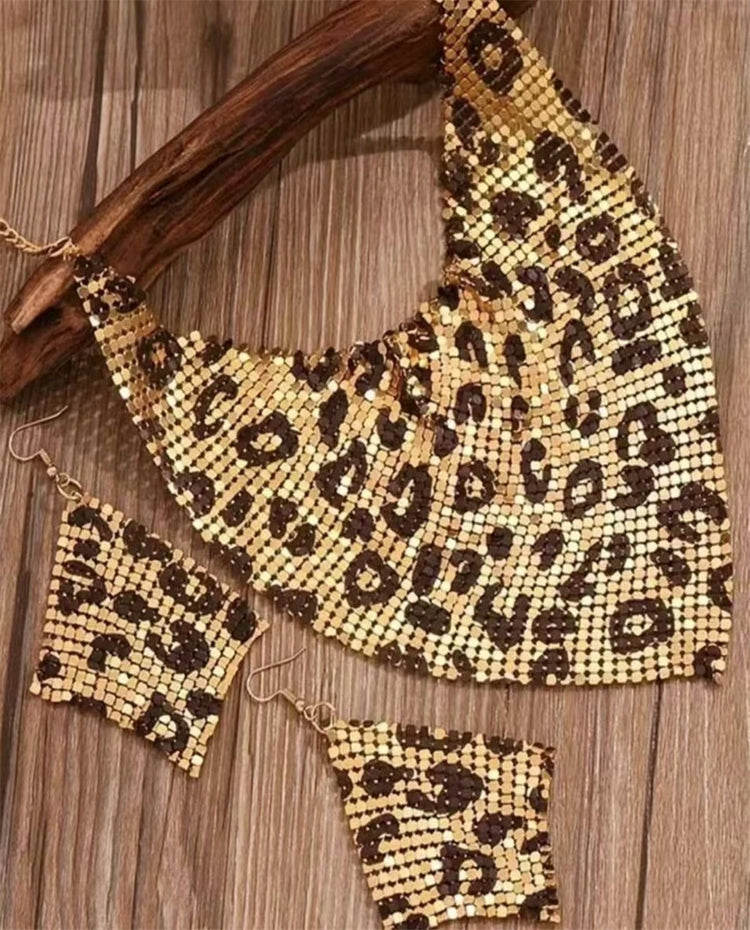Vintage leather leopard print jewelry set bib necklace and dangle earrings for party and date night styling