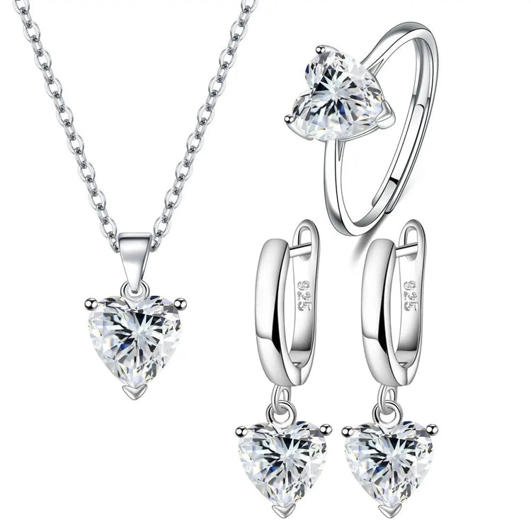 Alt Tag: heart zircon 925 silver bridal jewelry set with heart-cut zircon necklace, ring and drop earrings in 925 sterling silver