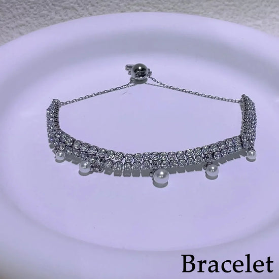 Alt Tag: pearl jewelry set wholesale for weddings rhinestone and pearl bracelet with adjustable chain for bridal wedding accessories