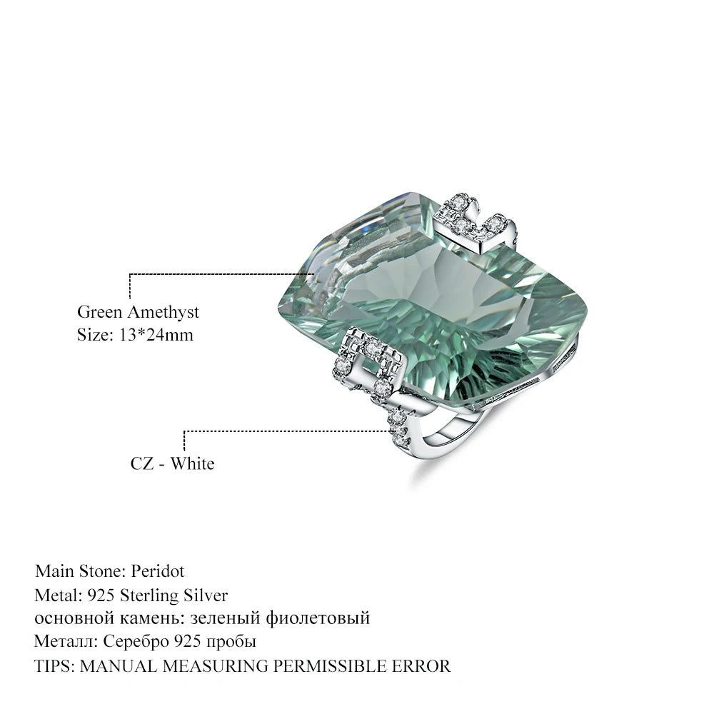 Alt Tag: 925 sterling silver jewelry set for women green amethyst peridot ring with white CZ accents, 13x24mm gemstone