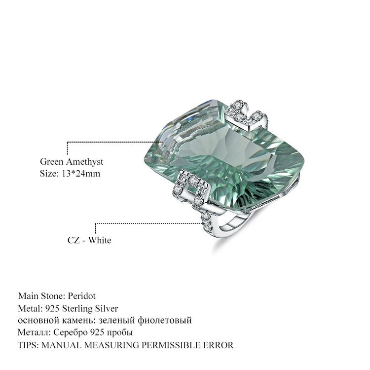 Alt Tag: 925 sterling silver jewelry set for women green amethyst peridot ring with white CZ accents, 13x24mm gemstone