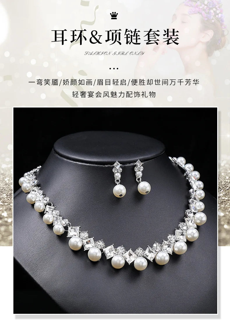 Alt Tag: pearl necklace and earrings set for women with crystal accents, elegant bridal jewelry set on black display