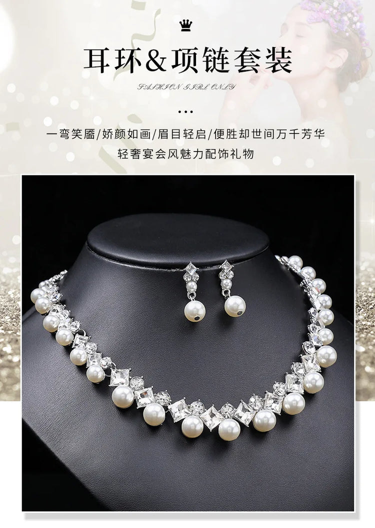 Alt Tag: pearl necklace and earrings set for women with crystal accents, elegant bridal jewelry set on black display