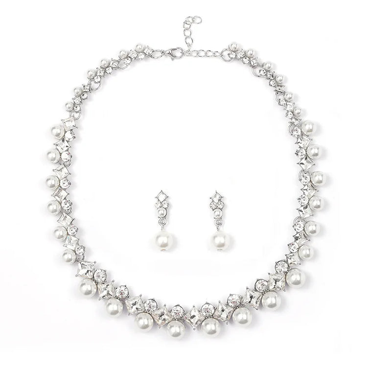 Alt Tag: pearl necklace and earrings set for women with rhinestone crystal accents and faux pearls, bridal jewelry set on white background