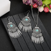 Alt Tag: silver plated turquoise indian jewelry set with dangling feather earrings and matching pendant necklace