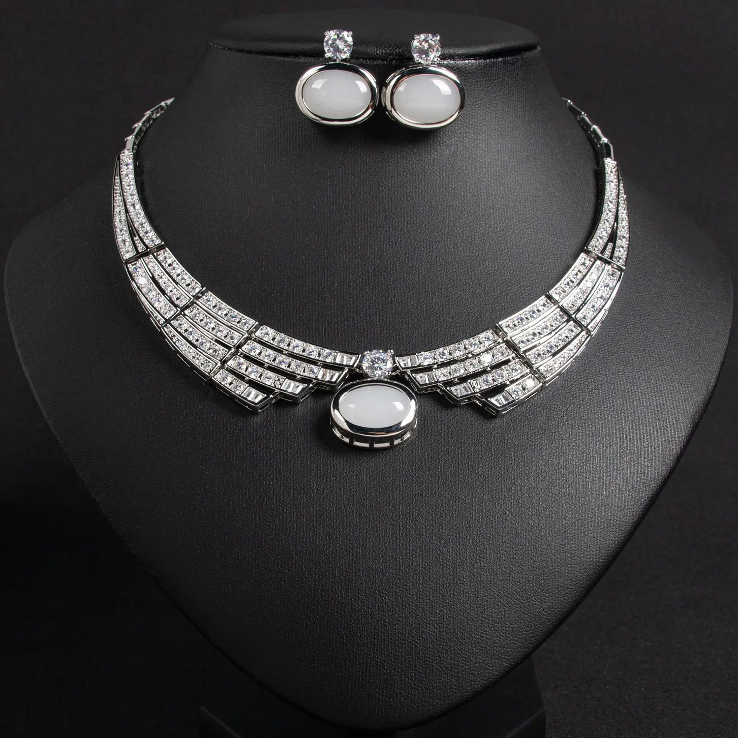 Alt Tag: bridal necklace and earrings set silver rhinestone collar necklace with oval white stones and matching stud earrings
