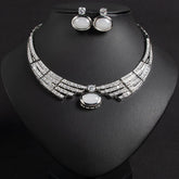 Alt Tag: bridal necklace and earrings set silver rhinestone collar necklace with oval white stones and matching stud earrings