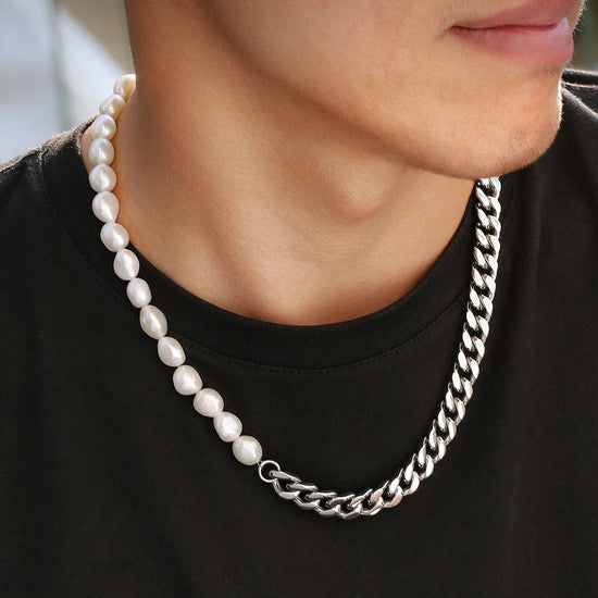 Adjustable hip hop pearl necklace featuring stainless steel link chain and freshwater pearls worn by a model.