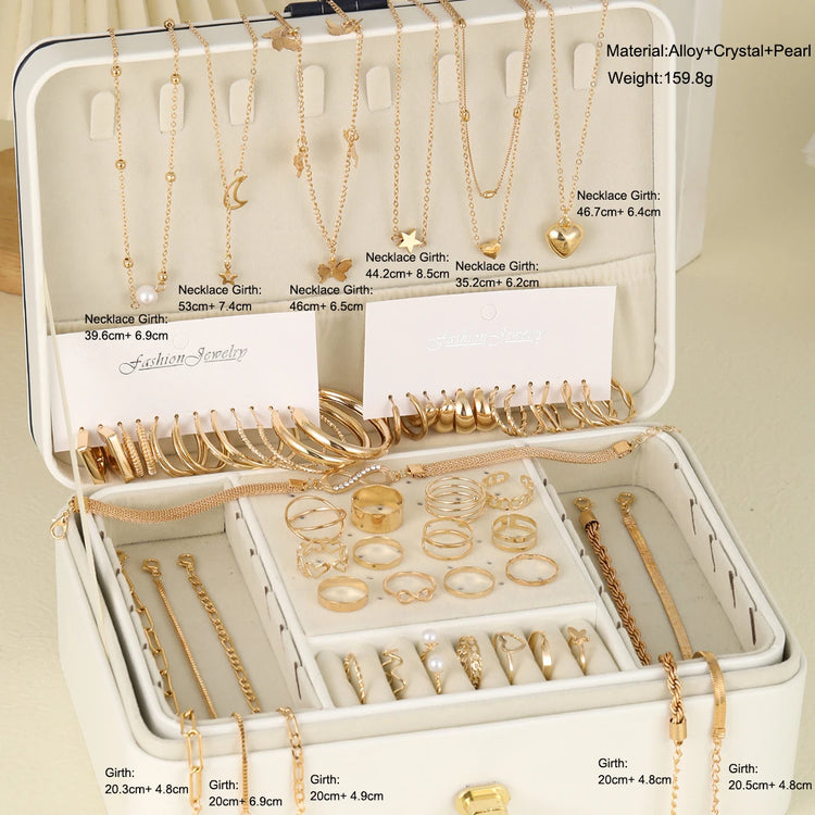 Elegant Vintage Chic Jewelry Set Including Pendant Necklaces,Twisted C-Hoop Earrings,Gold Color Rings,Bracelet ,Daily Outfits - DaHui