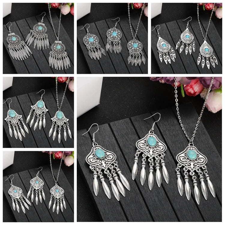 silver plated turquoise indian jewelry set necklace and earrings, boho tribal silver tone pendant with turquoise stone charm for women