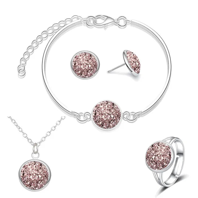 Luxury Quality Quartz Rhinestone Jewelry Sets for Women Simple Round Earrings Necklaces Set Bridal 4 Piece Silver Plated Jewelry - DaHui