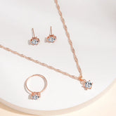 Alt Tag: 5 piece crystal jewelry set for women rose gold necklace, ring and stud earrings with clear crystal stones